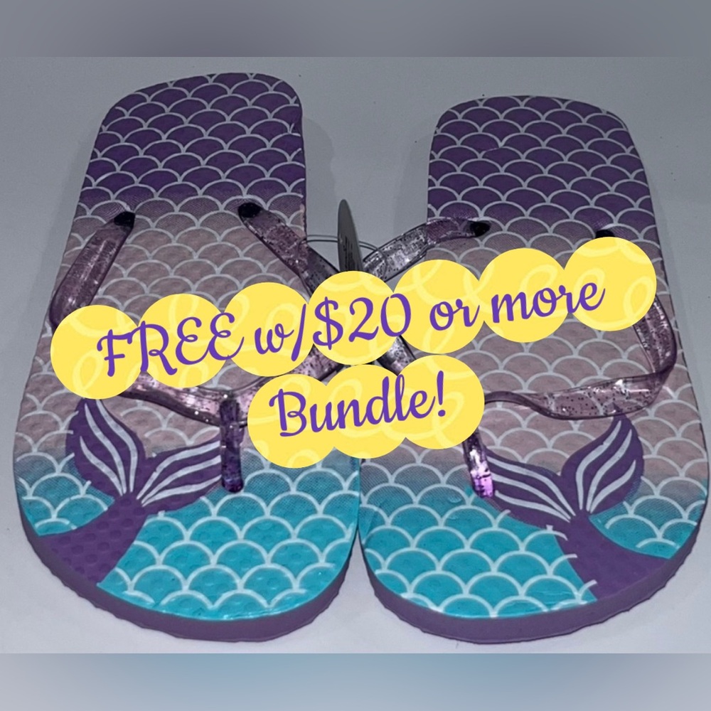 FREE w/$20 Bundle! kids, mermaid, glitter, purple flip-flops. medium 13/1